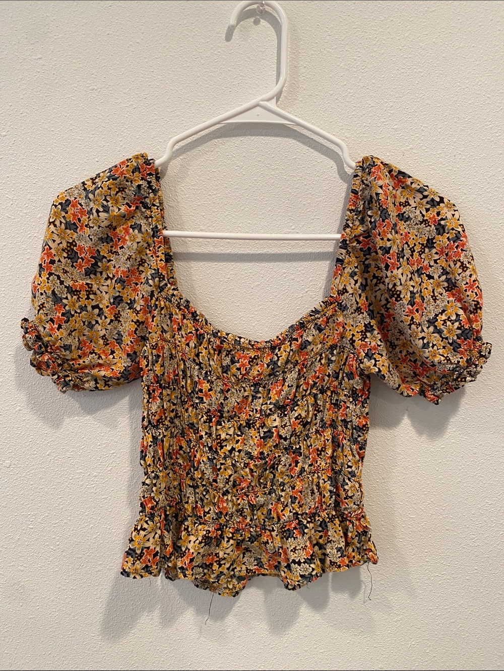 Patrons of Peace Floral Smocked Puff-Sleeve Blouse in Yellow, Black, Orange